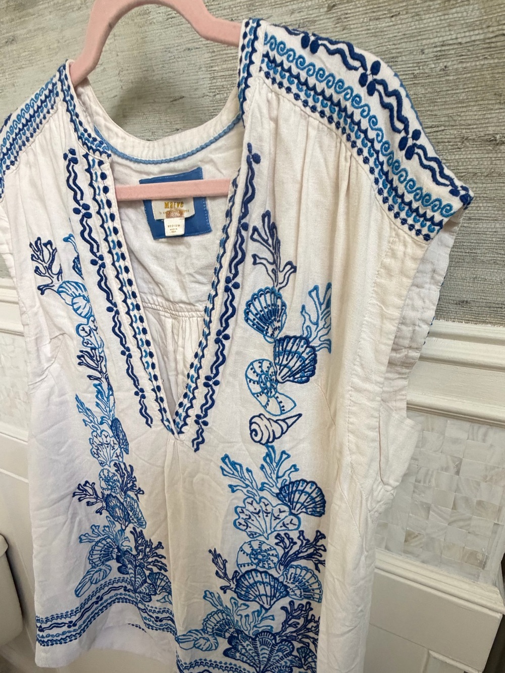 Anthropologie Maeve linen embroidered tunic dress medium white blue beach shells - Picture 15 of 17
